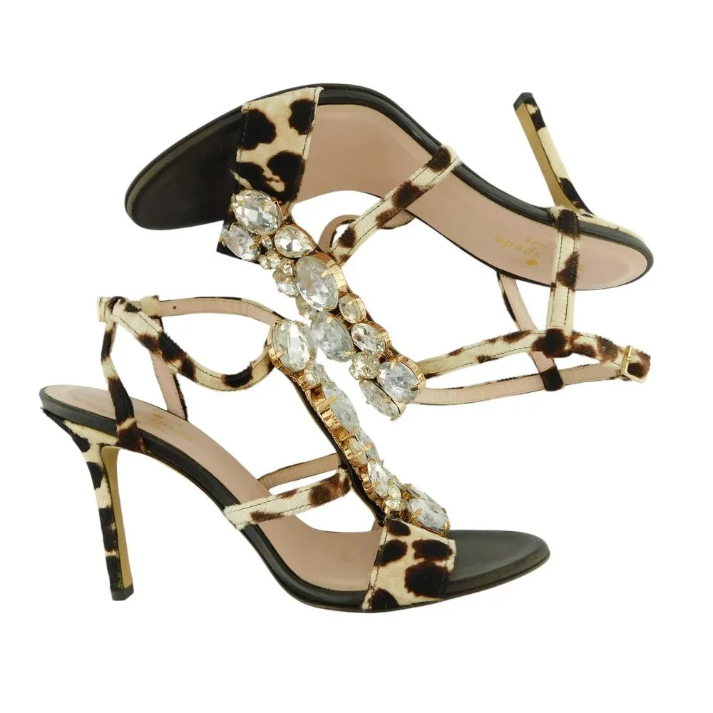 KATE SPADE Leopard Print Calf Hair Crystal Vamp Caged Sling Heel Sandals 8
